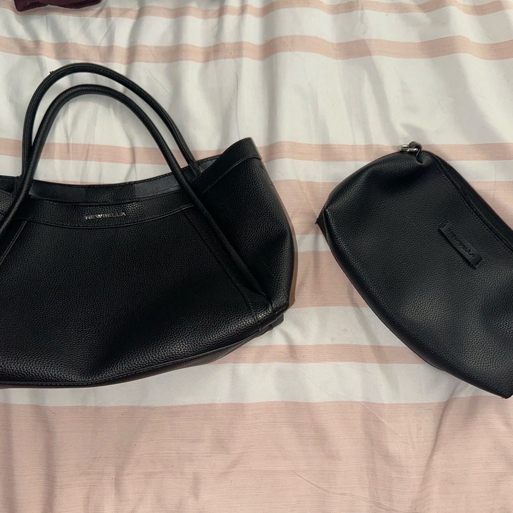 Black Leather Handbag and Pouch Set